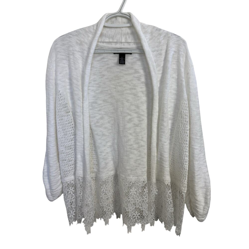 Fairy Coquette Cottage White Sheer Floral Lace Open Front Cardigan Size Large